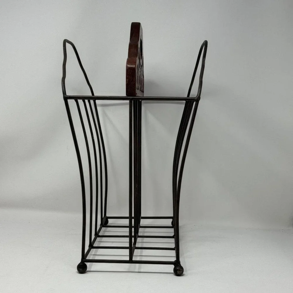 Vintage Carved Wood and Metal Wire Magazine Rack Scrollwork Handle Brown